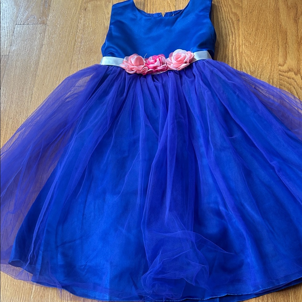 Blue Kids Dress with Pink Floral Accent